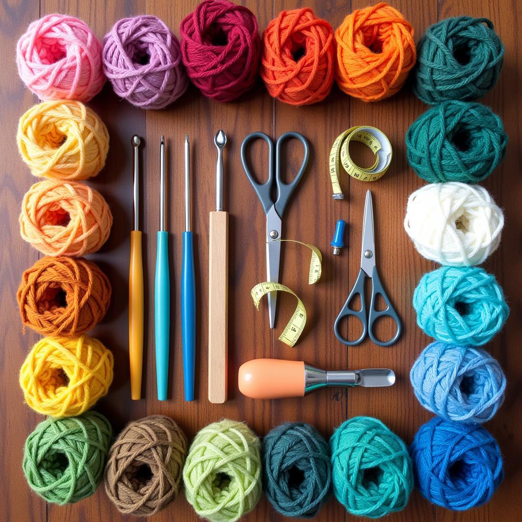  An assortment of colorful yarn, crochet hooks, and other essential tools neatly arranged on a table, ready for a crafting session