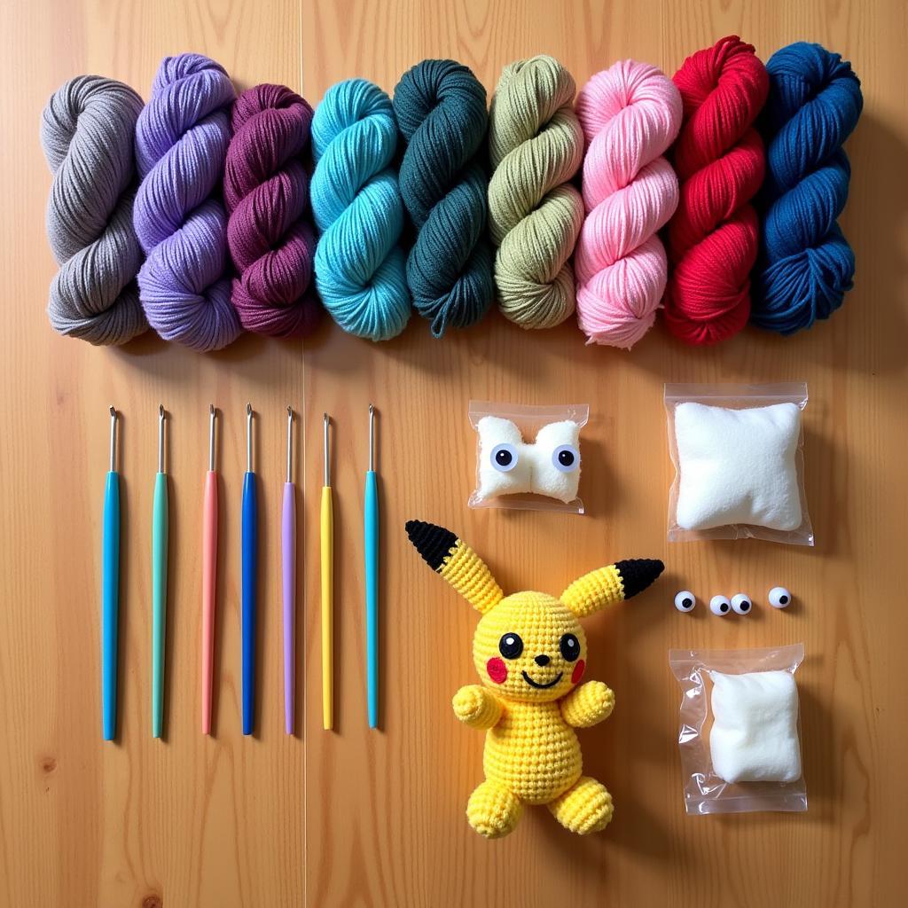 An assortment of colorful yarn, crochet hooks, and safety eyes arranged neatly on a wooden table next to a work-in-progress crochet project