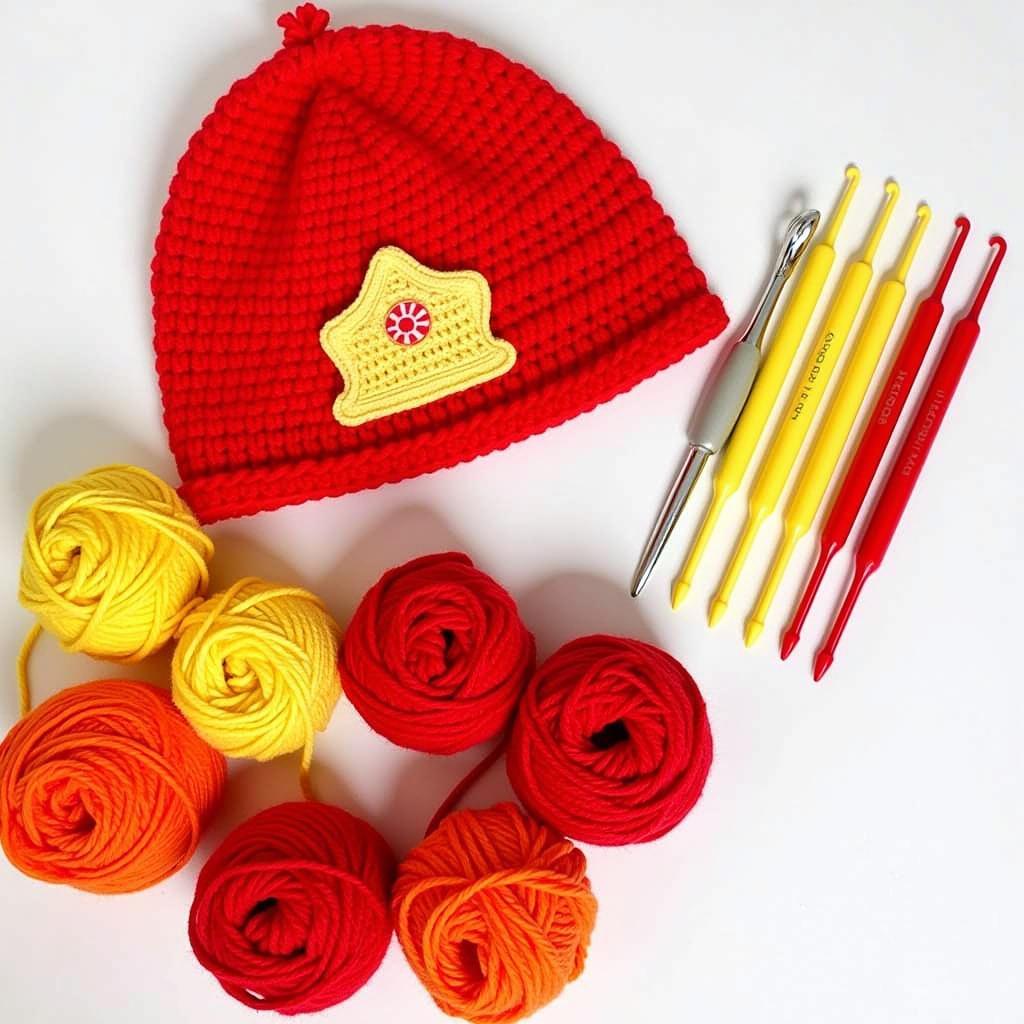 Essential crochet supplies for a fireman hat project