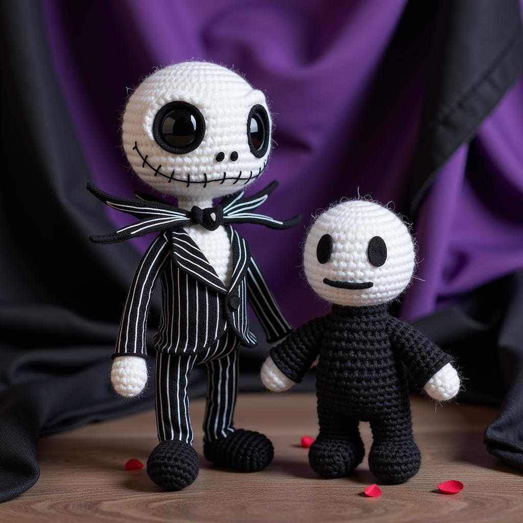 Jack Skellington amigurumi holding a small crocheted Zero