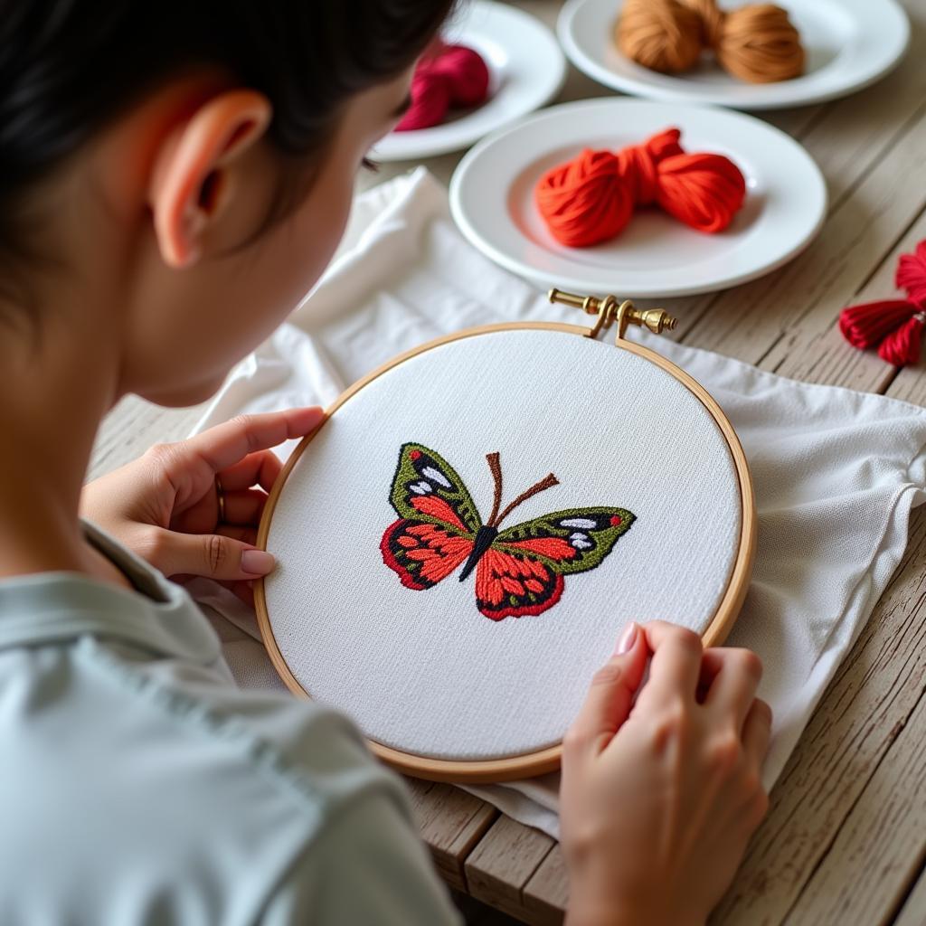 A beginner cross stitcher working on a project