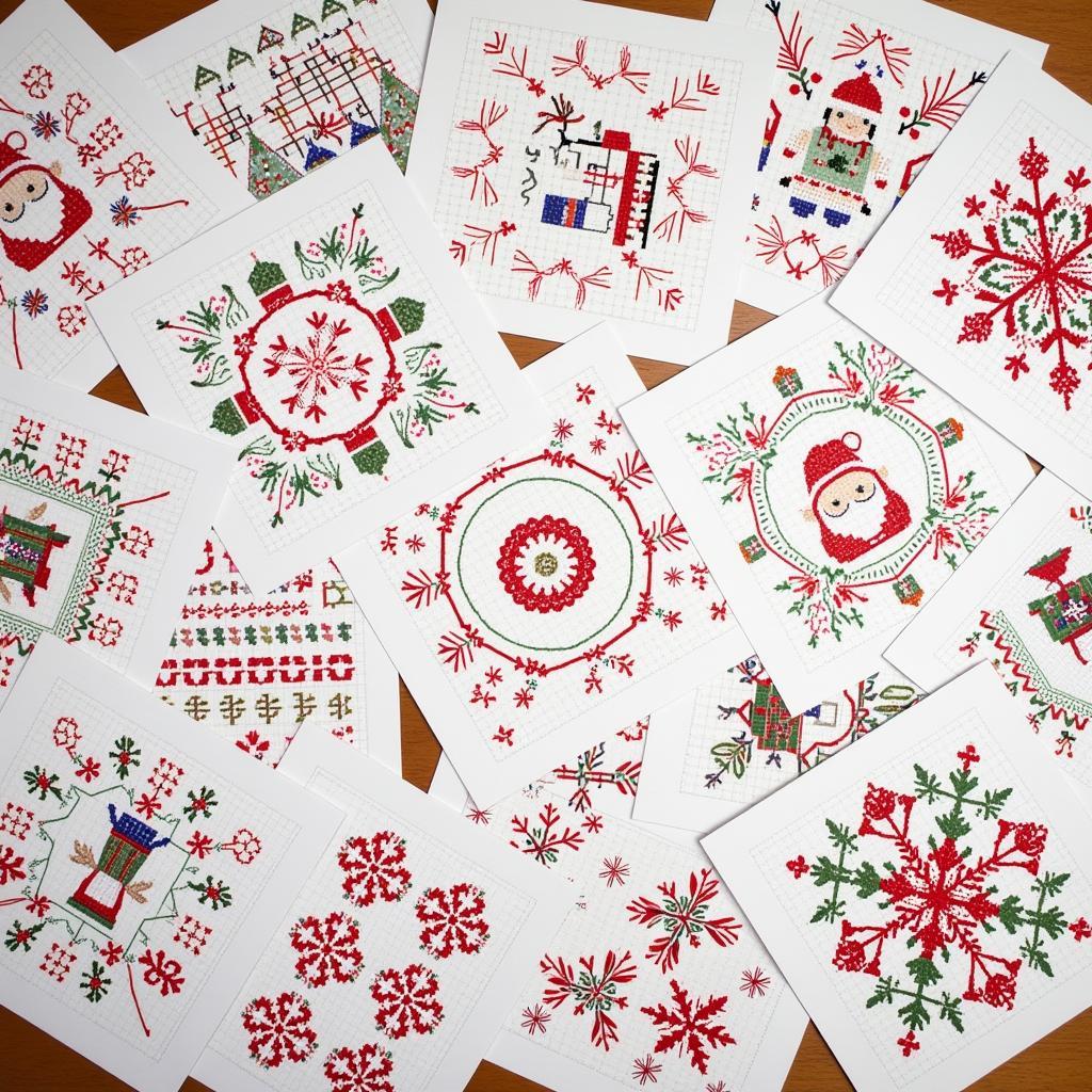 Various Christmas-themed cross-stitch patterns laid out on a table