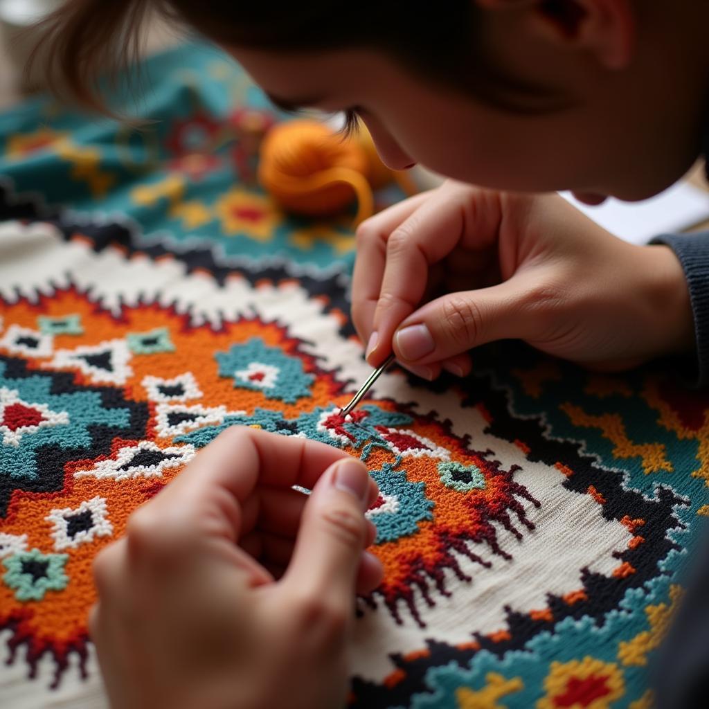 A person cross-stitching a Native American design with vibrant threads.