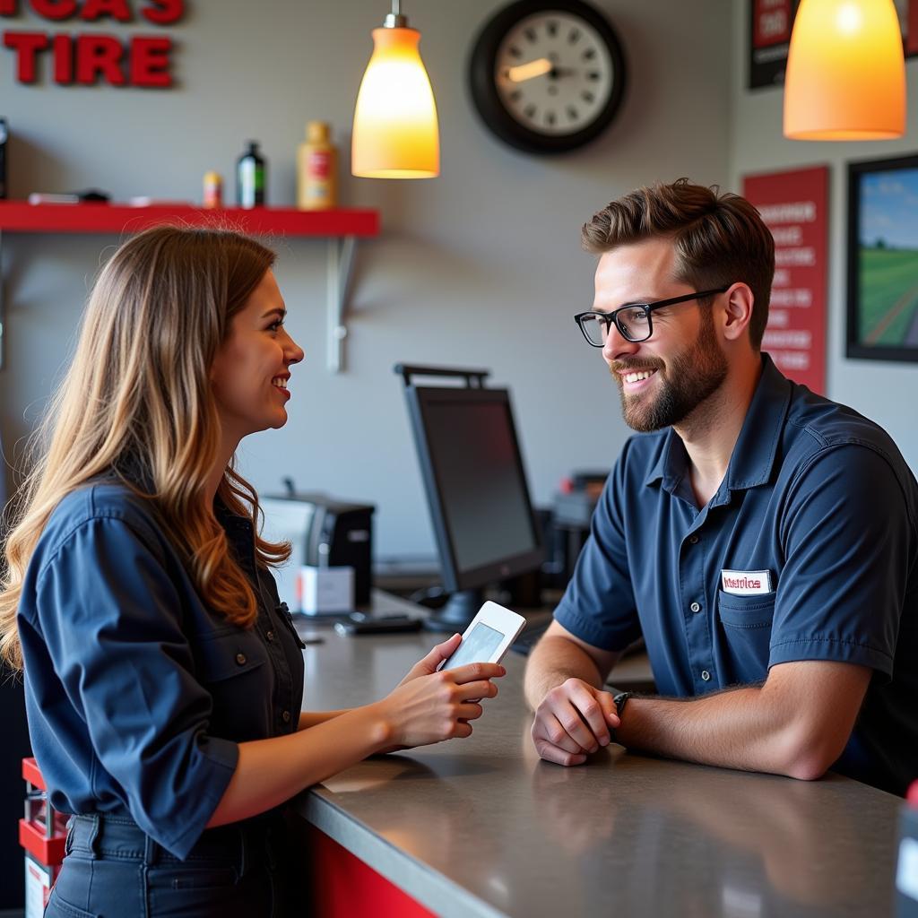 Customer at America's Tire counter discussing free flat repair