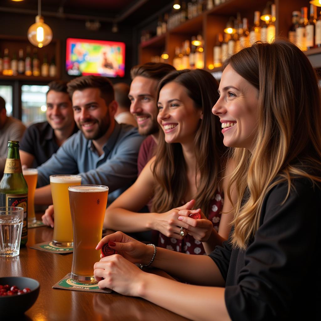 Customers redeeming free drink tokens at a busy bar