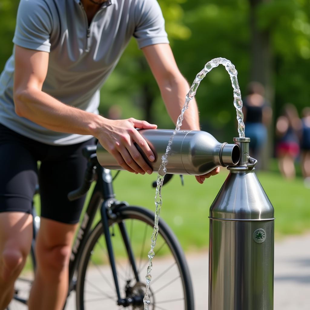 Cyclist filling a reusable water bottle at a park fountain