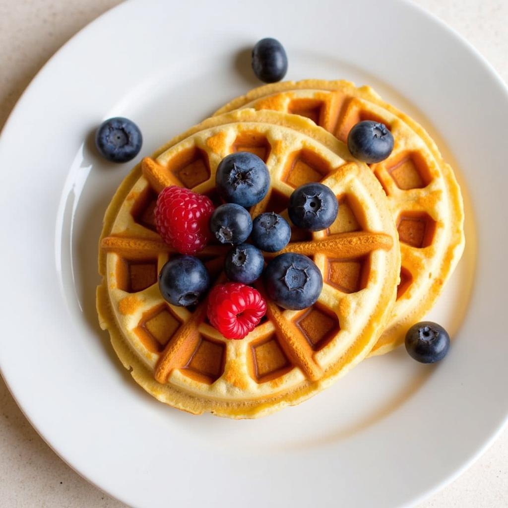  A plate with two dairy-free Eggo waffles and fresh berries. 