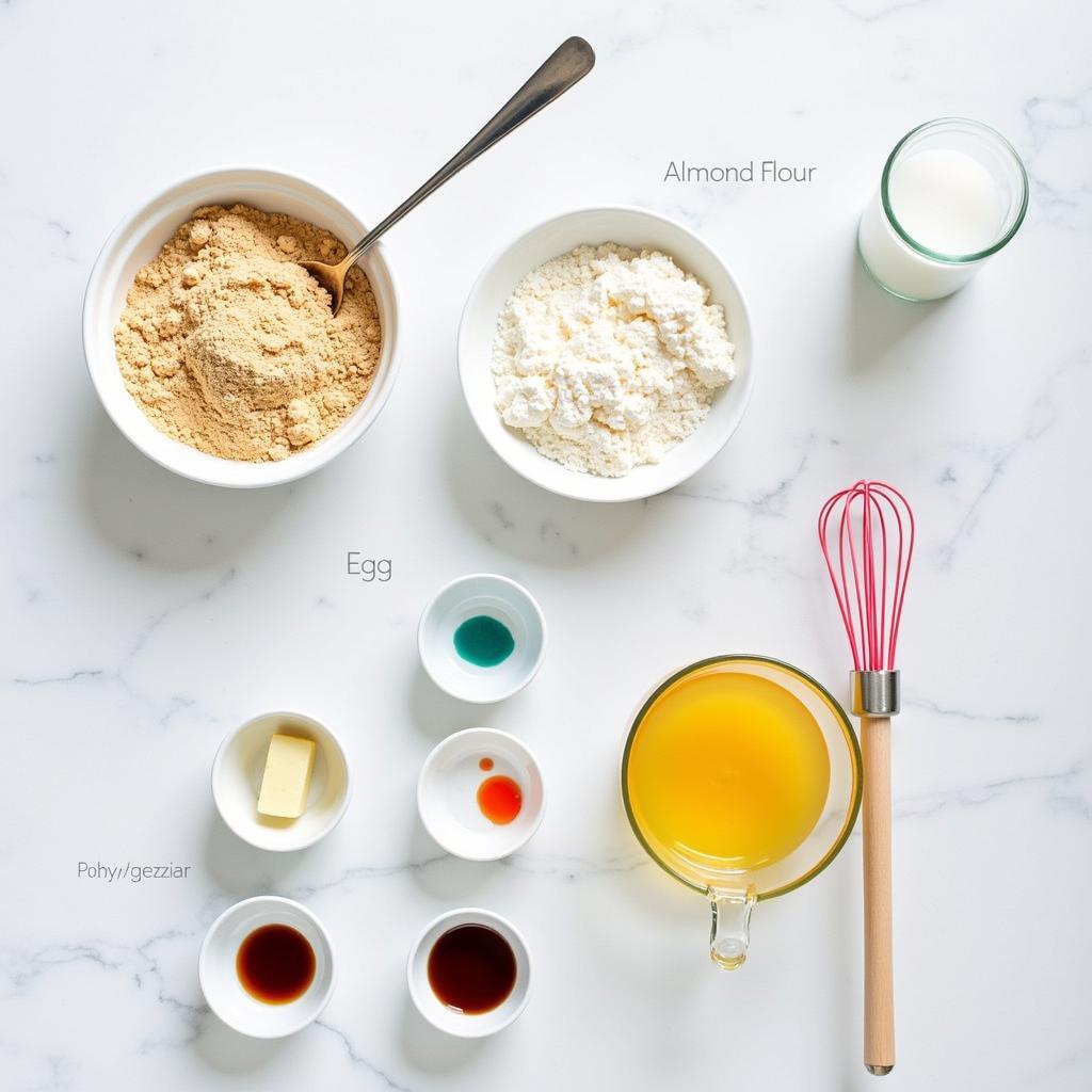 dairy-free macaron ingredients laid out on a marble countertop