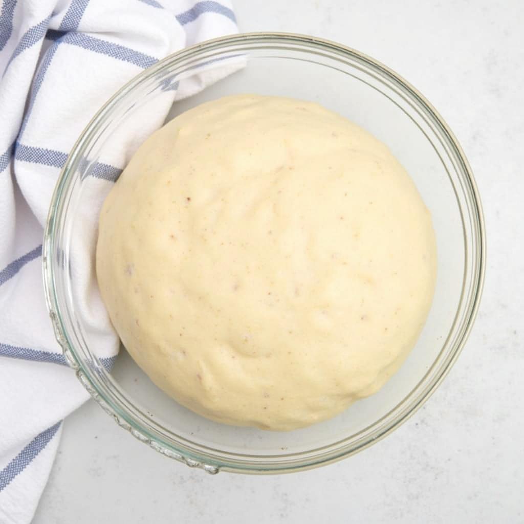 A bowl of dairy-free panettone dough rising.