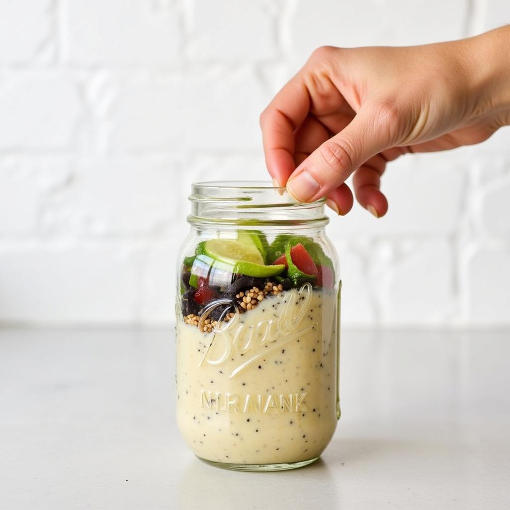 Dairy-free poppy seed dressing in a jar being shaken.