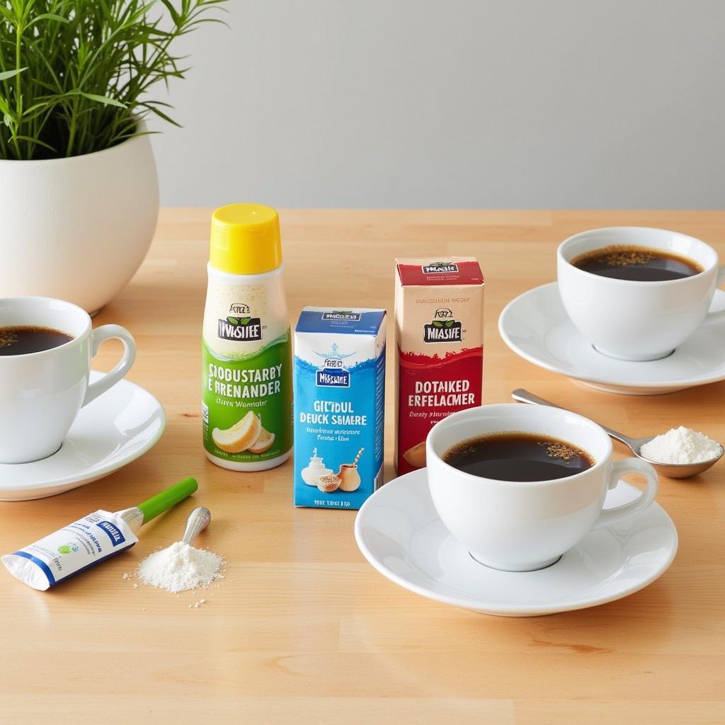 Various dairy-free powdered creamer options displayed on a table with coffee and tea.