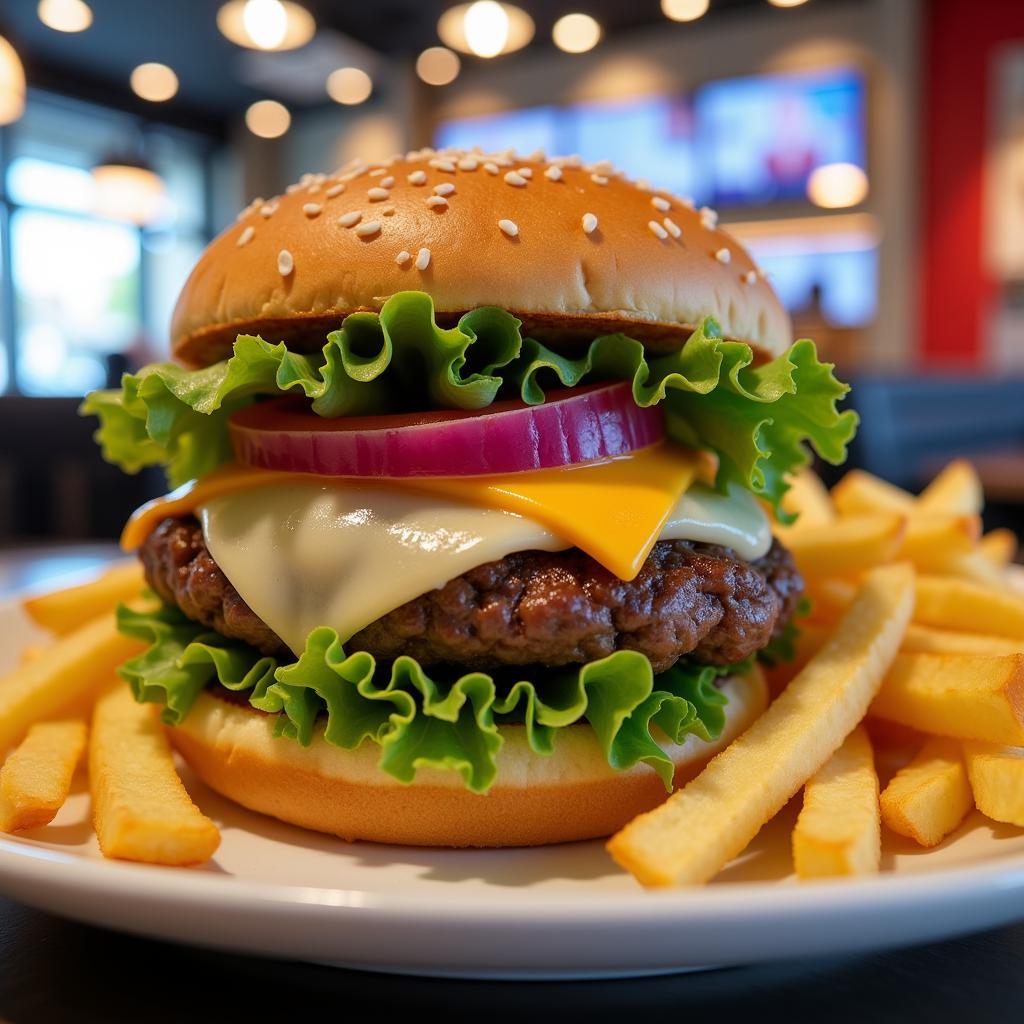 Dairy-soy-free burger and fries at a fast-food restaurant.