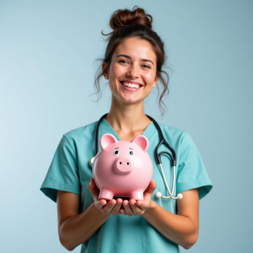 Smiling nurse holding a piggy bank