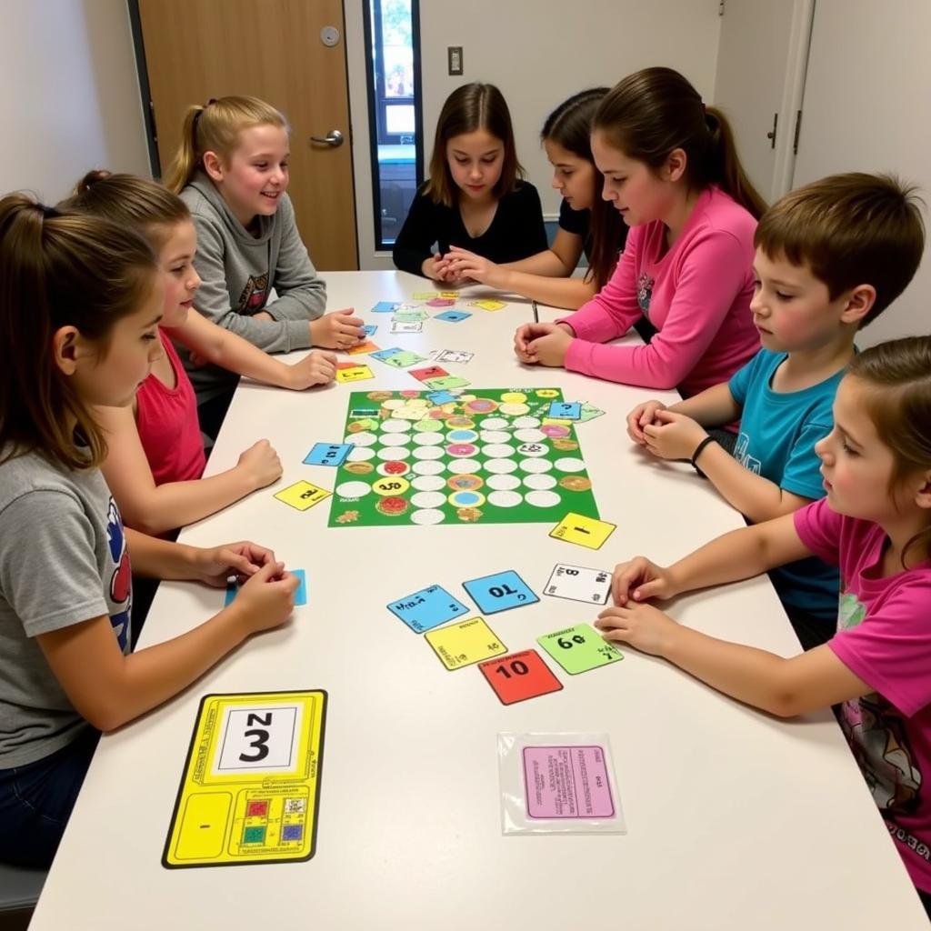 Children playing a board game with printable decimal numbers