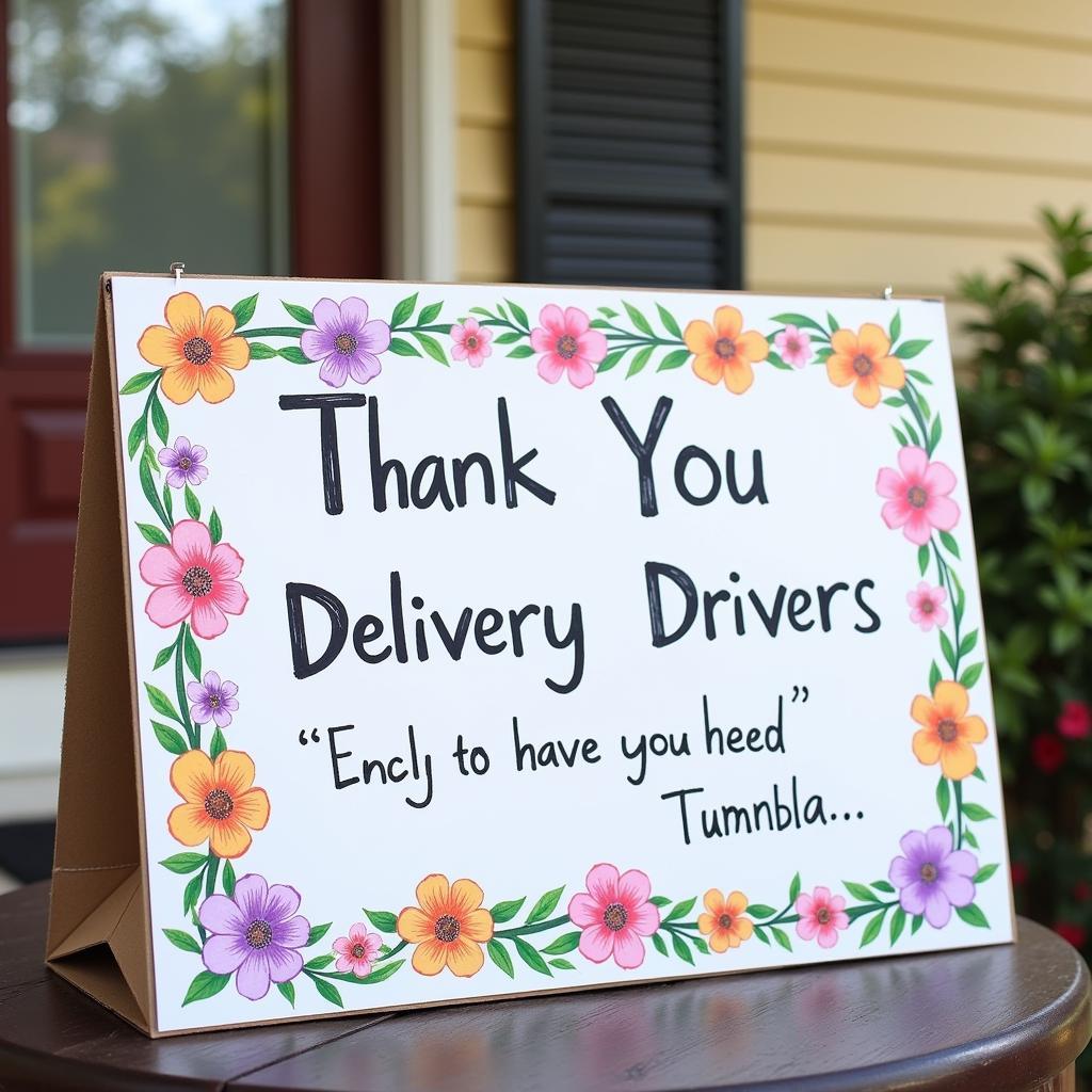 A beautifully decorated "Thank You Delivery Drivers" sign with flowers