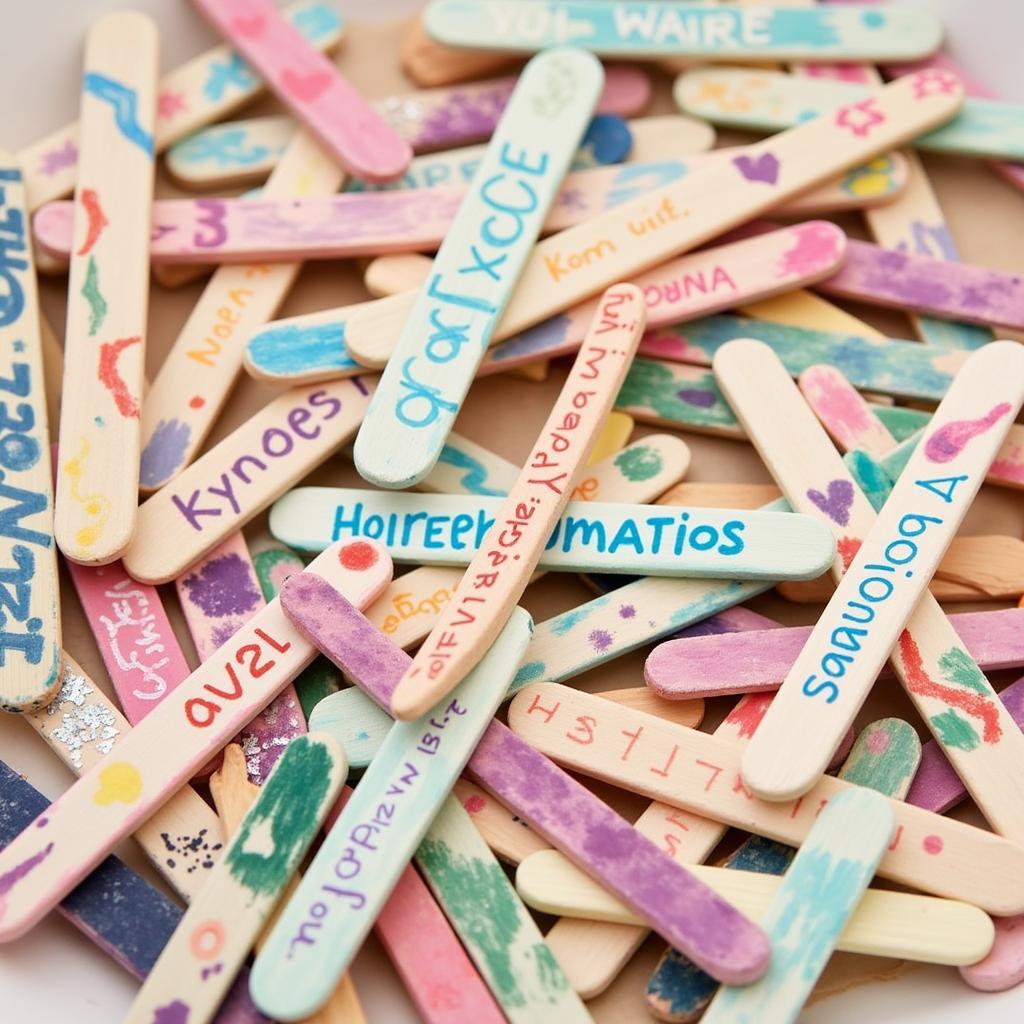 Colorful popsicle sticks decorated with various designs.