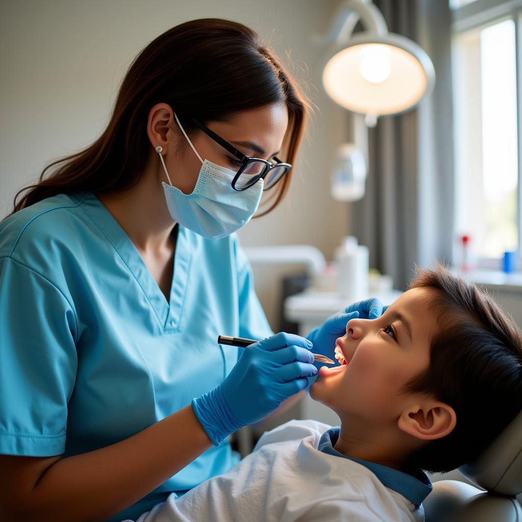 Dental professional examining a patient in a free clinic