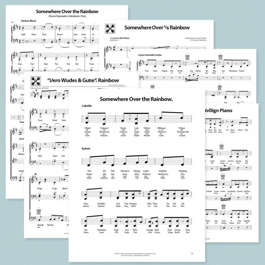 Various arrangements of sheet music for different instruments.