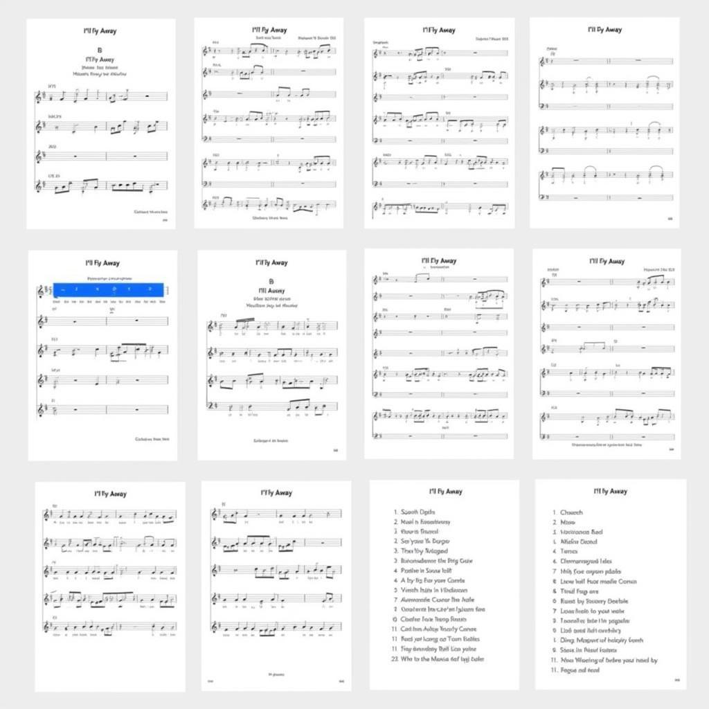 Various arrangements of "I'll Fly Away" sheet music for different instruments and skill levels.