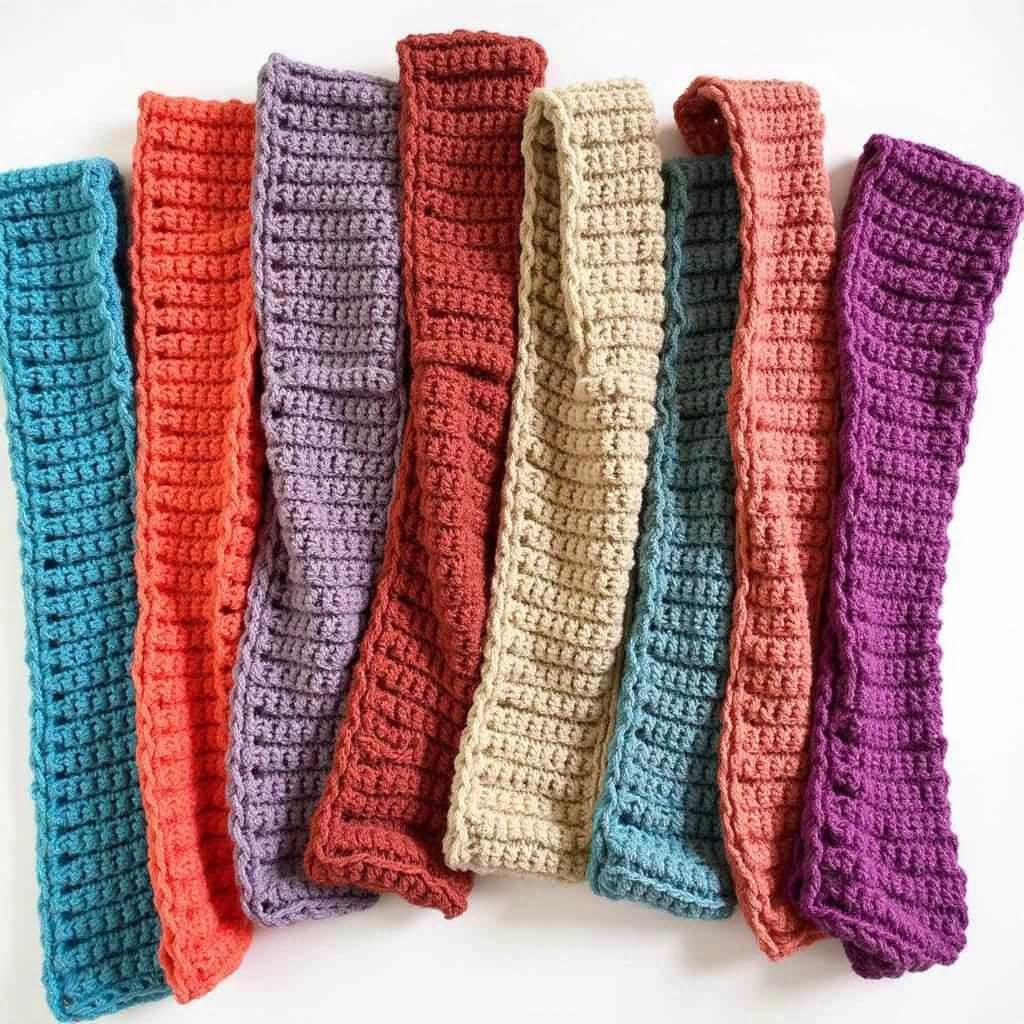 Various colorful skinny scarves crocheted with different patterns.