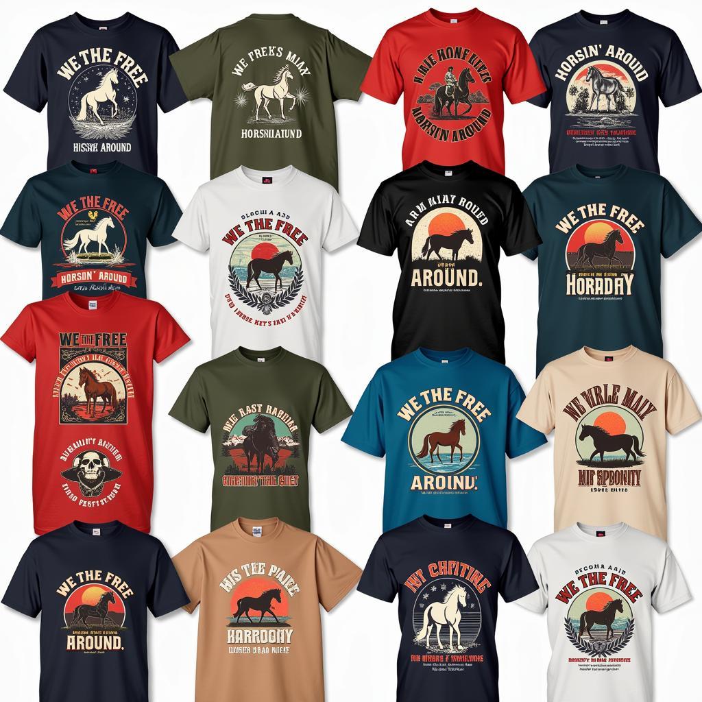 A collage showcasing different styles of "We the Free Horsin' Around" tees, featuring variations in design, color, typography, and graphics.