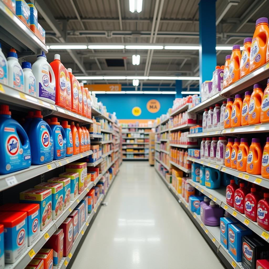 Variety of laundry sheet brands on a supermarket shelf