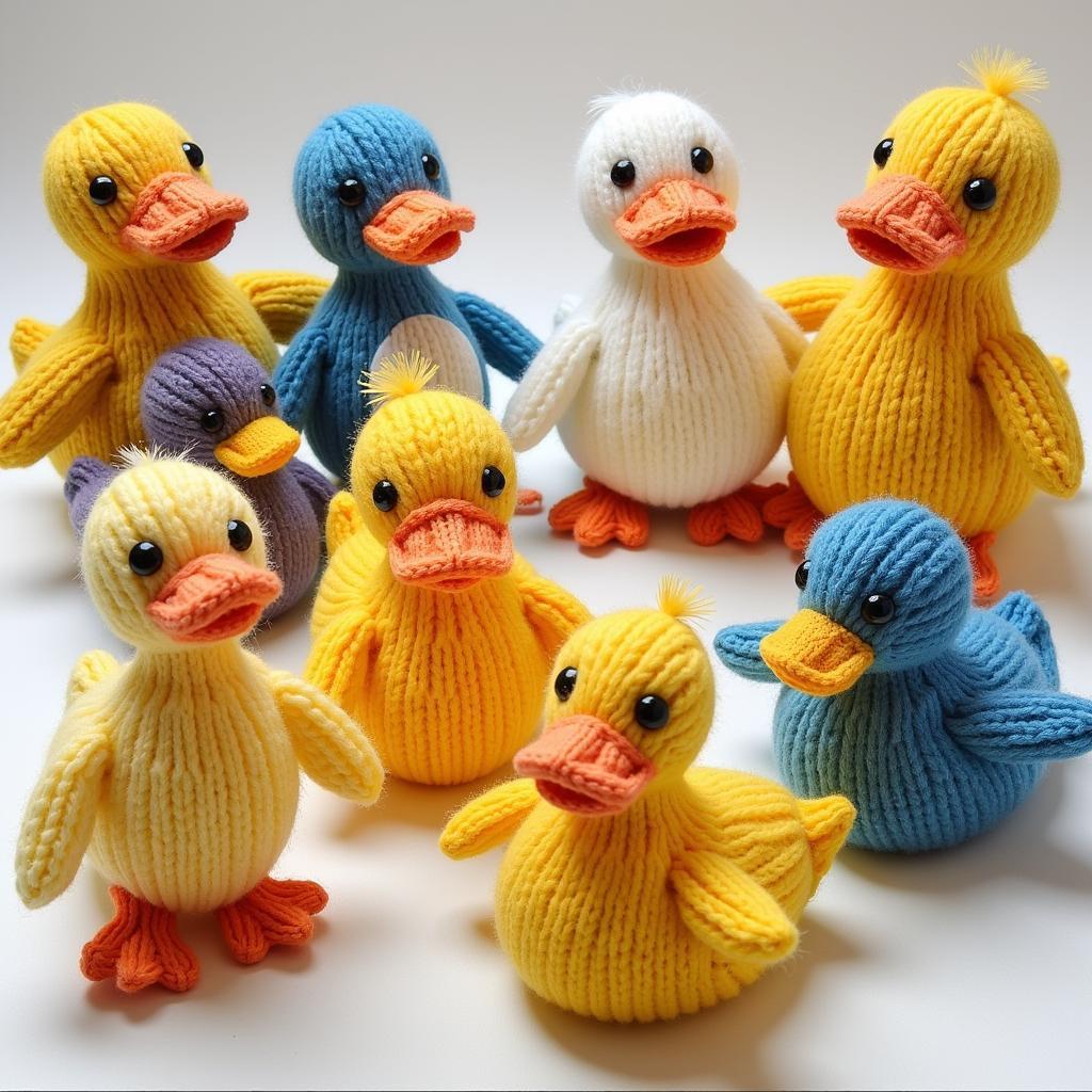 Variety of knitted ducks showcasing different styles.