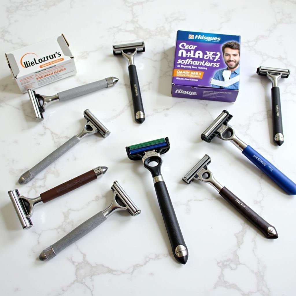 A variety of men's razors displayed on a countertop