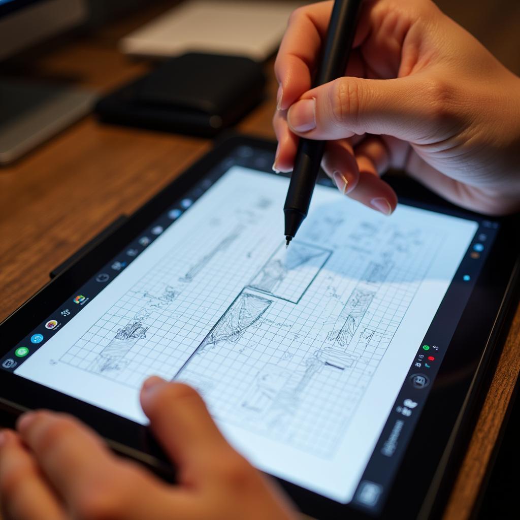 a digital artist using a half-inch graph paper template on a tablet