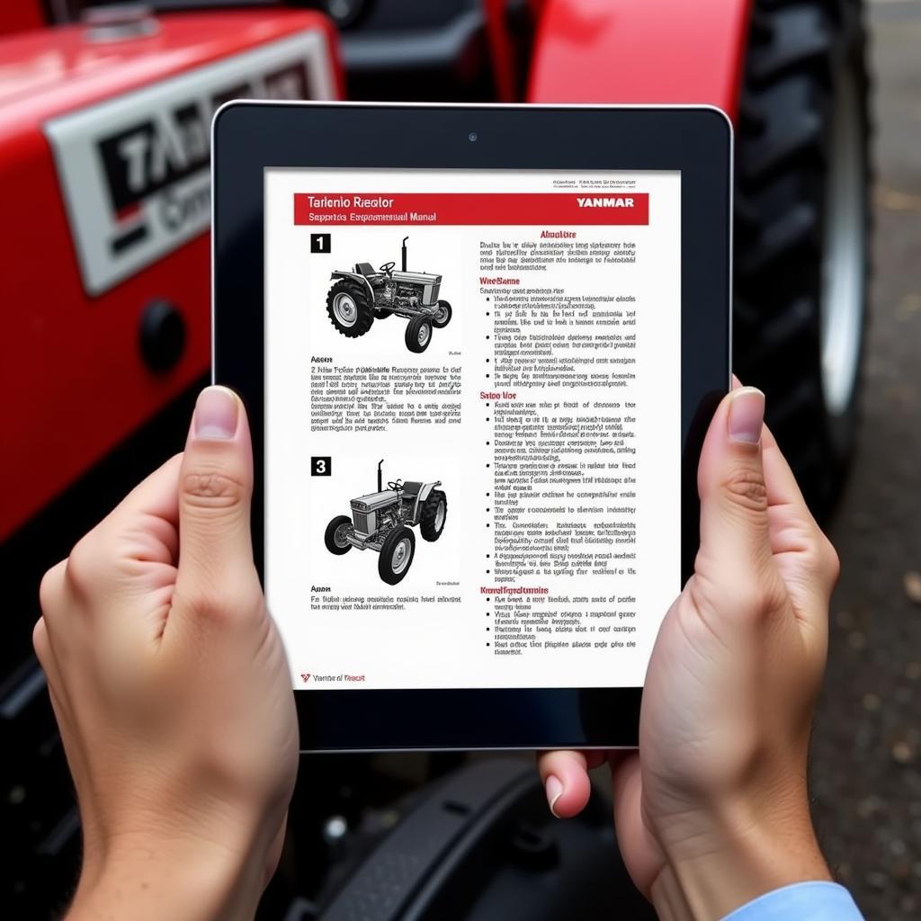 A person viewing a digital Yanmar tractor manual on a tablet, showcasing the convenience and accessibility of PDF manuals.