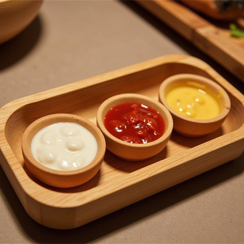 A variety of dipping sauces for gluten free fried mushrooms.