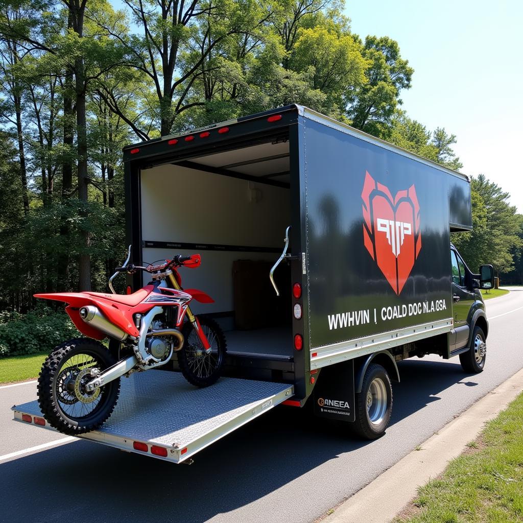 A delivery truck transports a dirt bike.