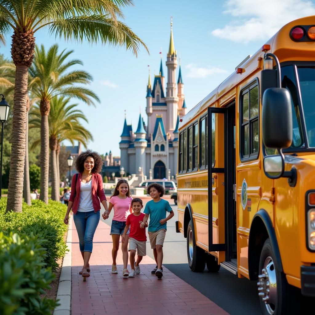 Family boarding a shuttle bus at a Disney villa resort