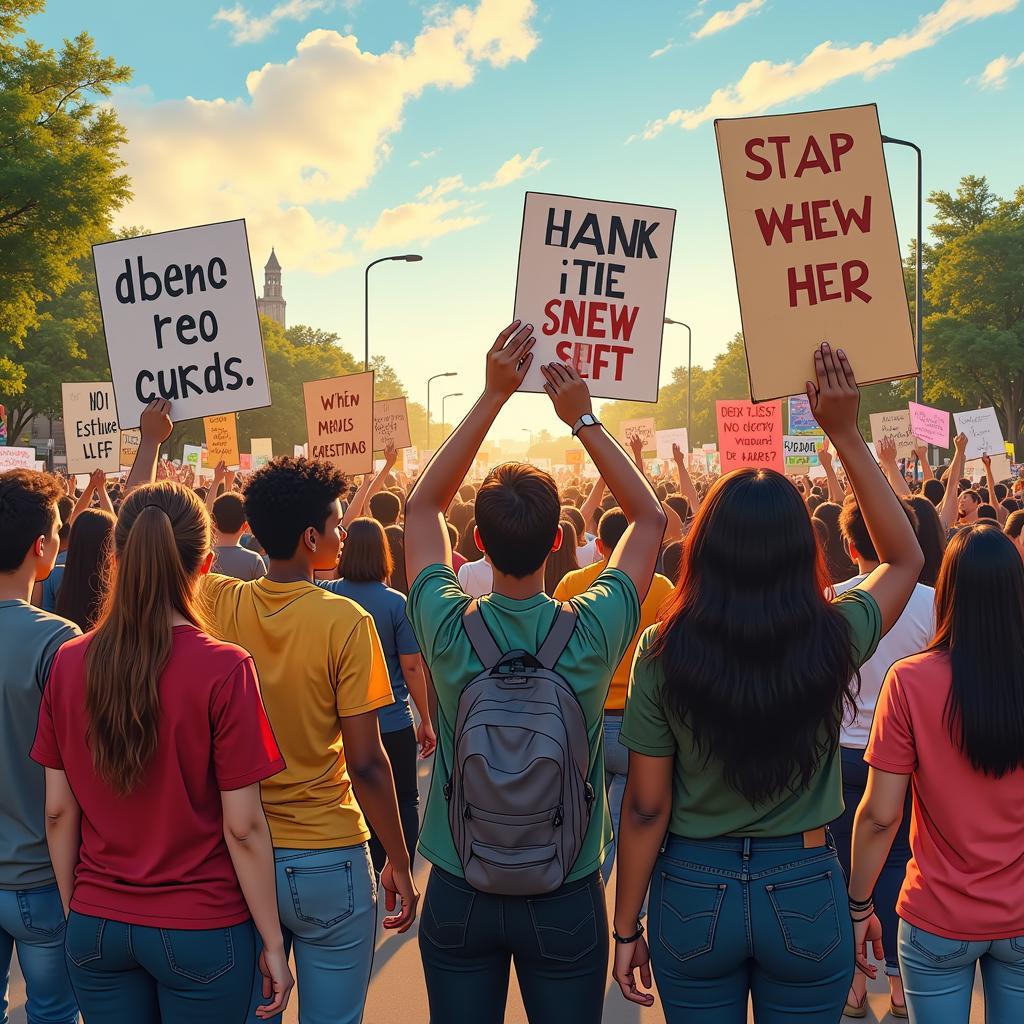 A diverse group of people peacefully protesting in a public space