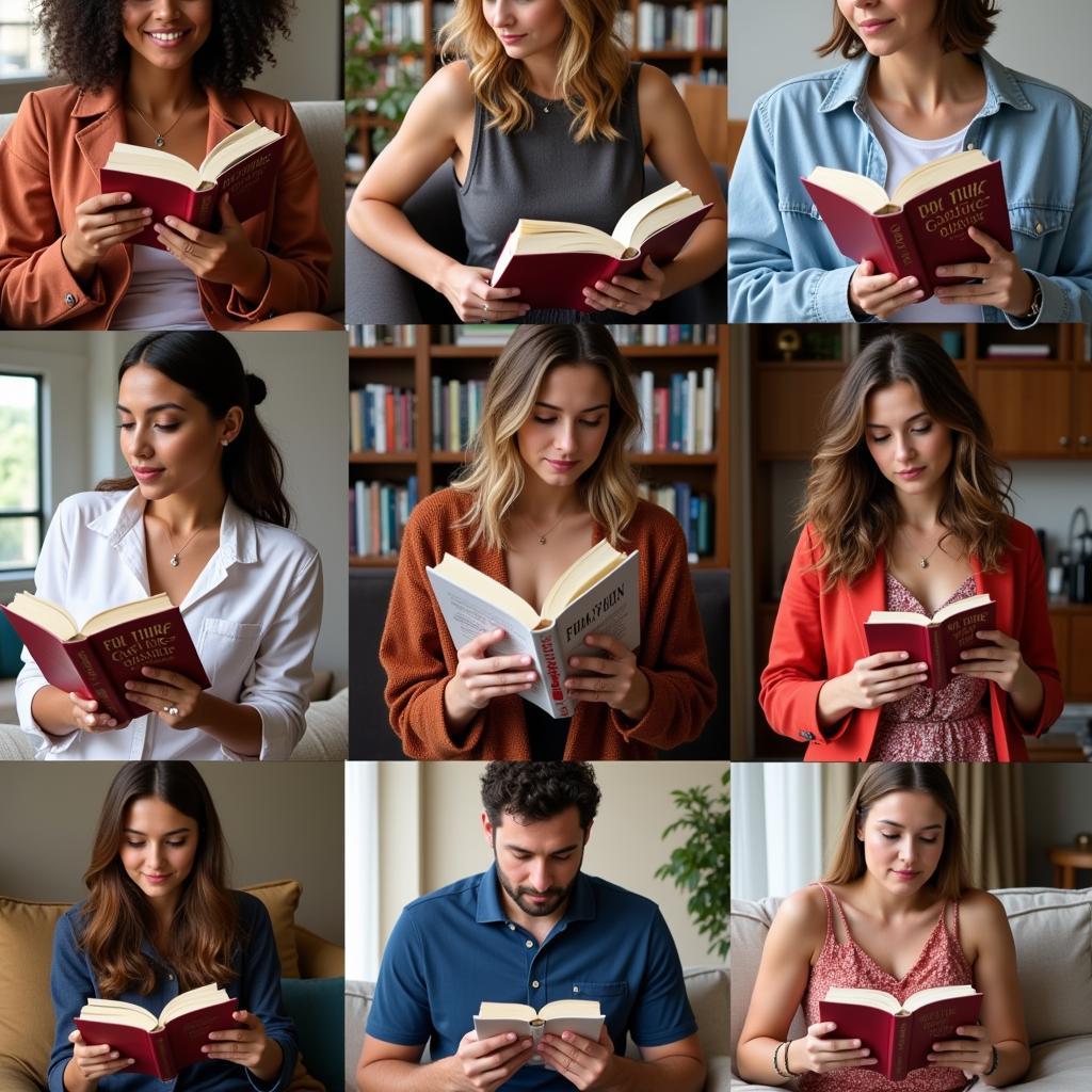 People from diverse backgrounds enjoying romance novels in various settings