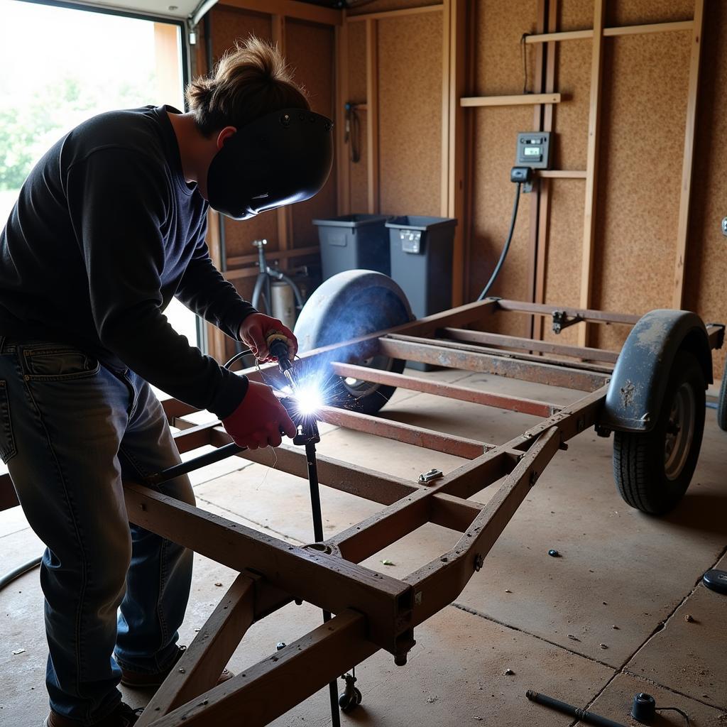 A partially completed car trailer frame in a garage workshop