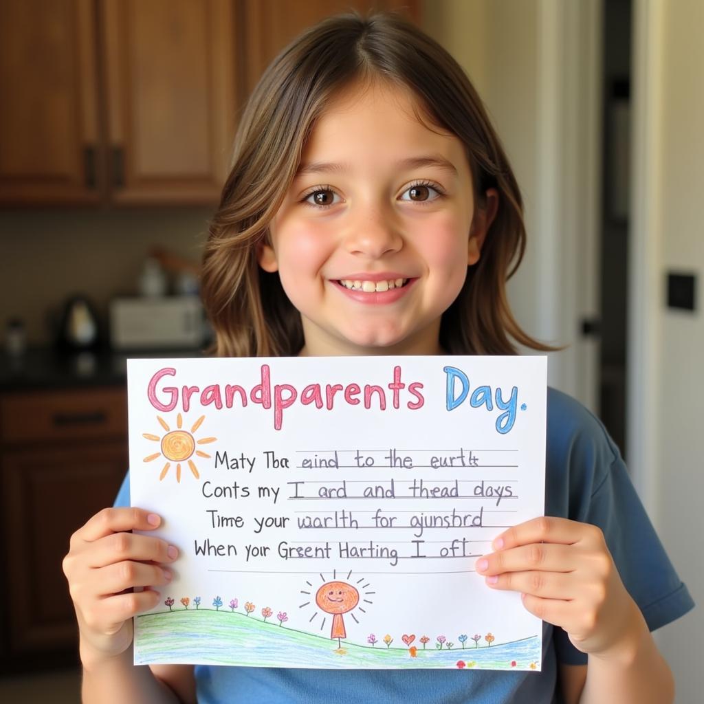 A child's hand holding a handmade Grandparents Day card.