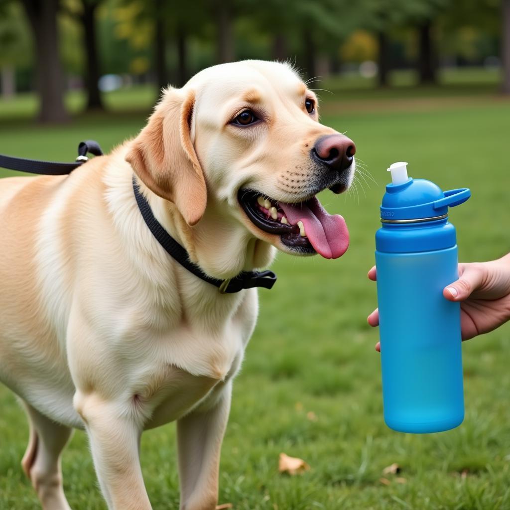 Dog drinking water from a portable bottle after running