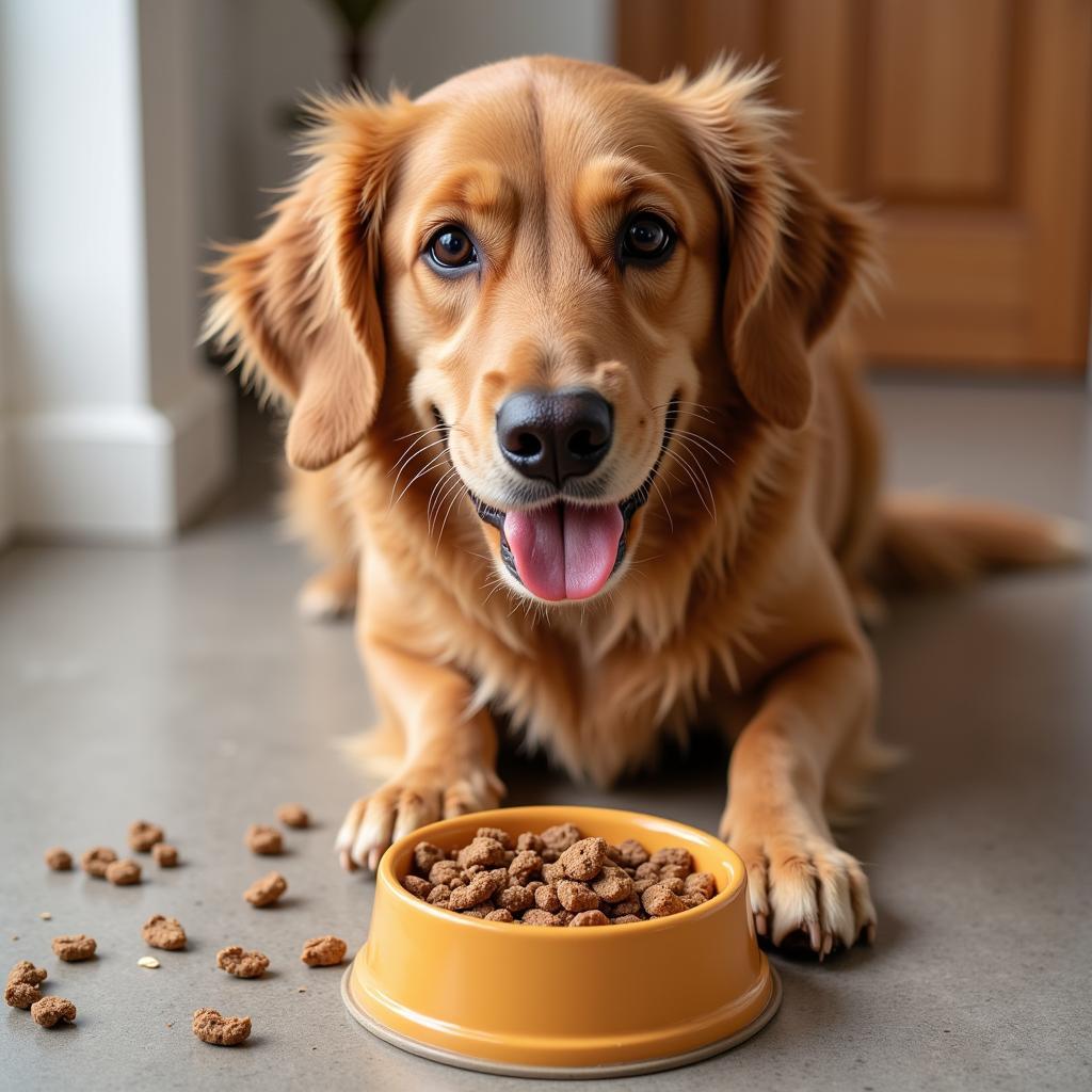 Happy dog eating from bowl with added grain