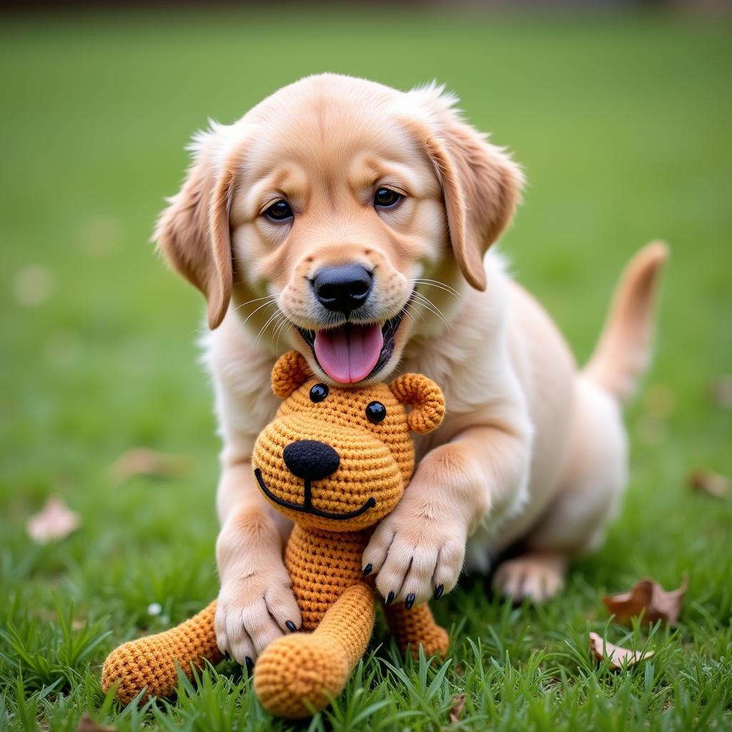 A happy dog playing with its crocheted toy