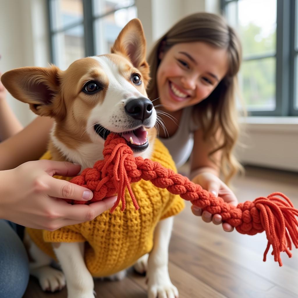 Happy Dog Playing with a Crocheted Rope Toy