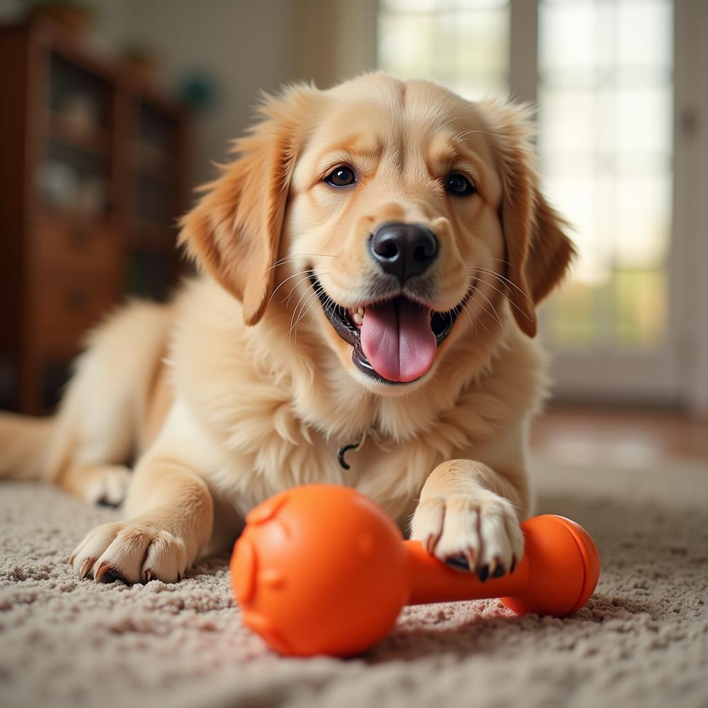 Happy Dog Enjoying a Discounted Toy