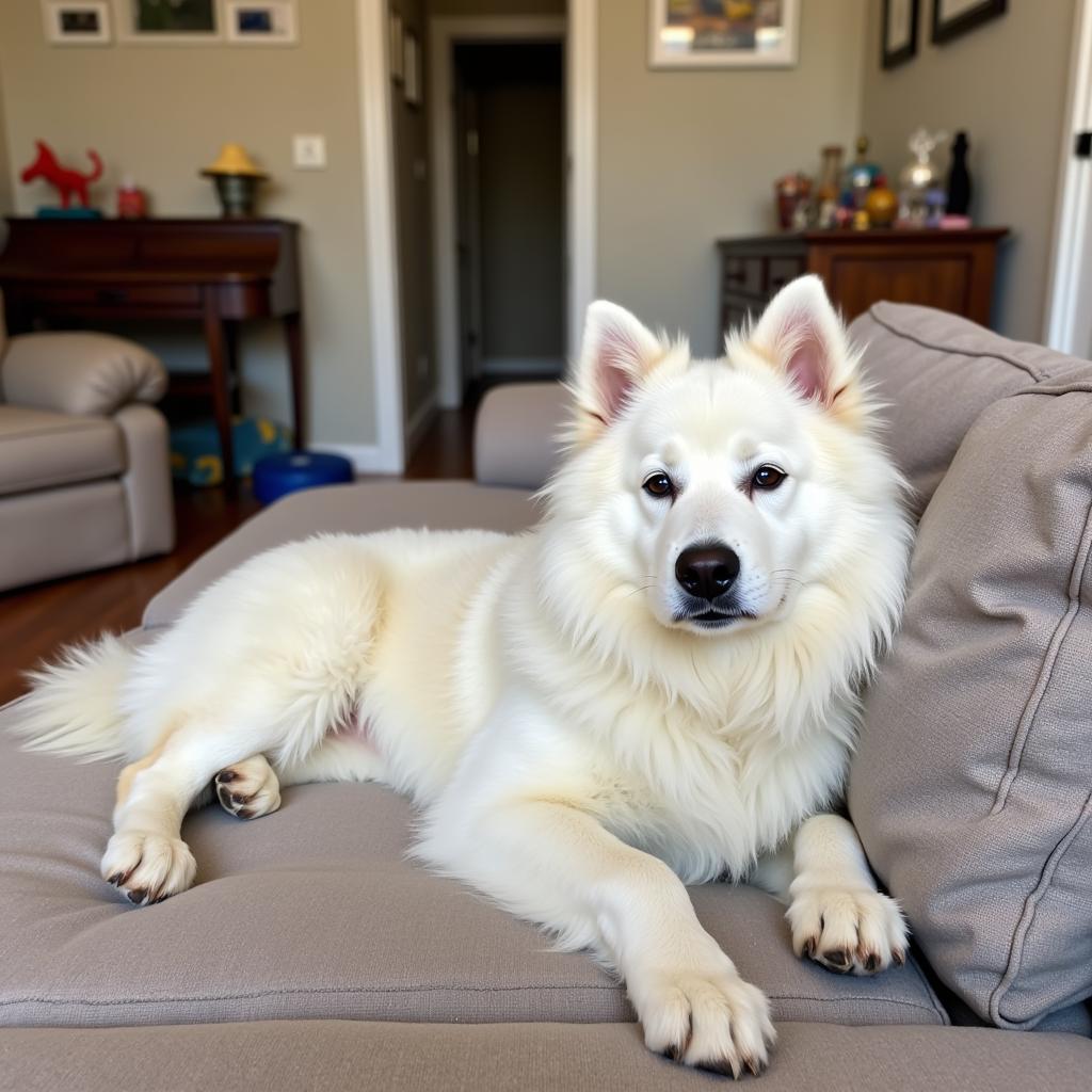 A content dog resting comfortably on a couch in a cozy common area.