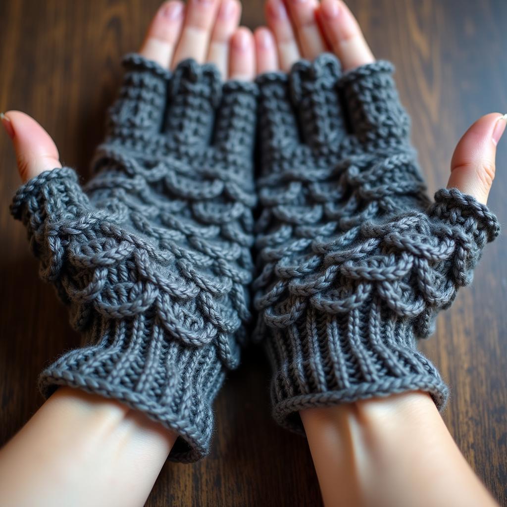 Close-up of intricate dragon scale crochet gloves, showcasing the detailed stitch work and texture