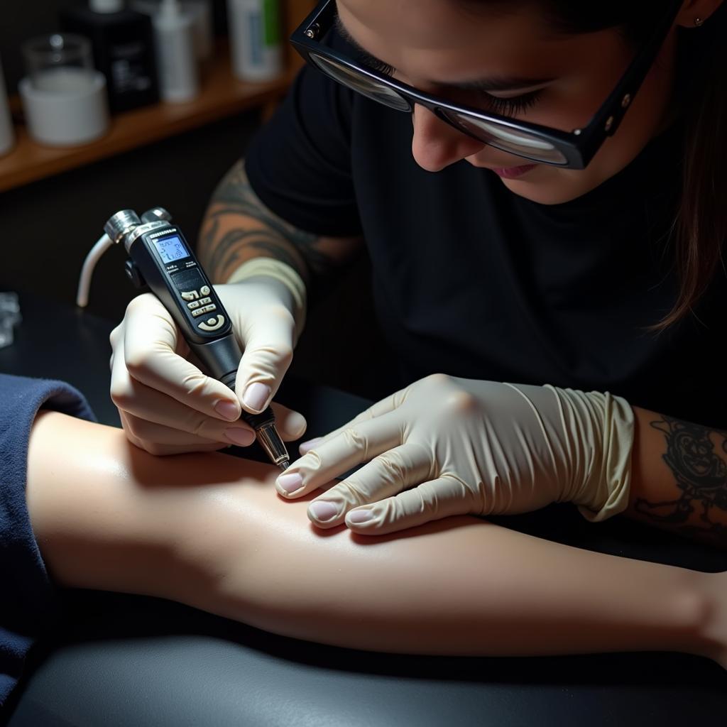 Tattoo artist applying a tattoo with sterile equipment