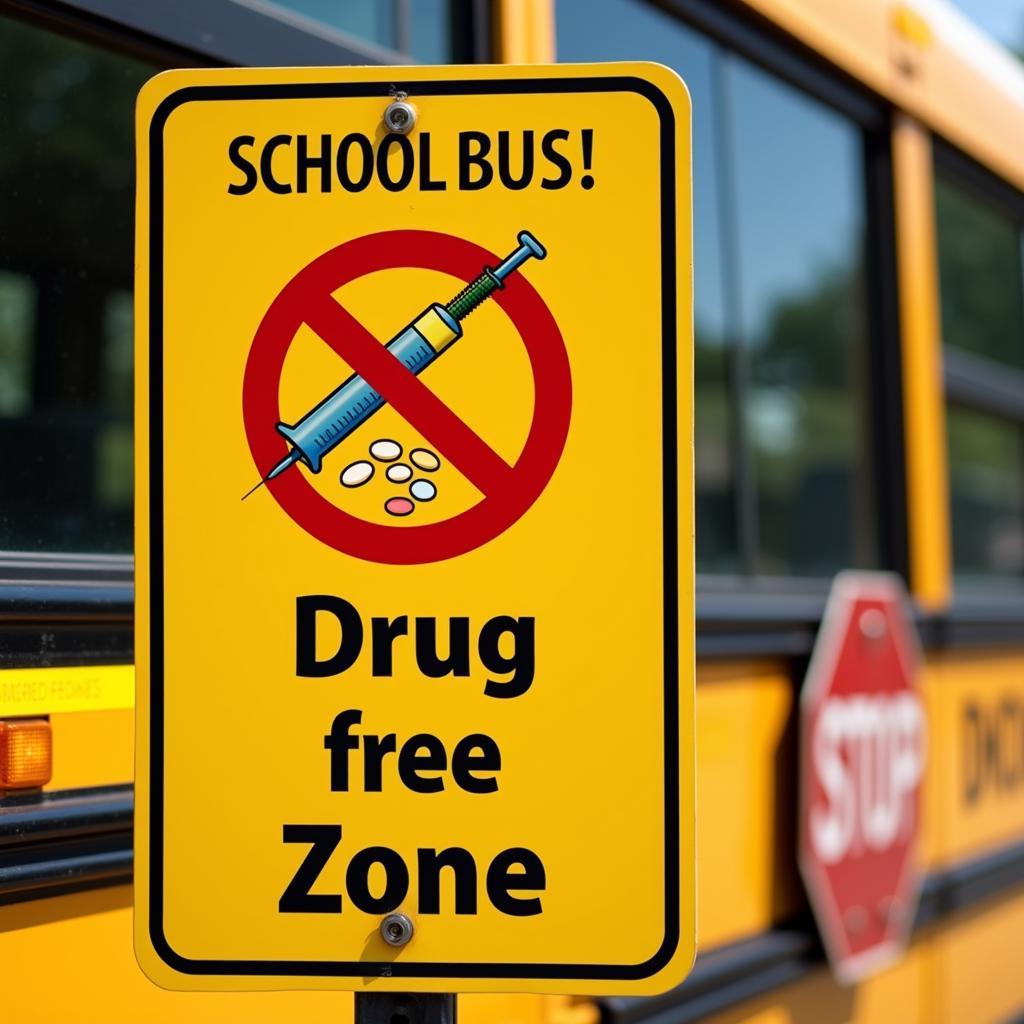 Drug free zone sign next to school bus