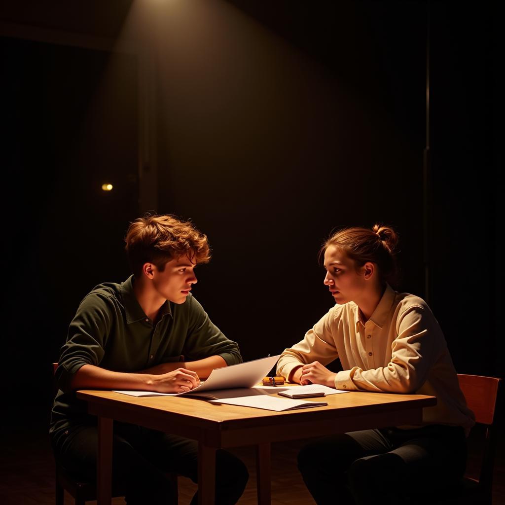 Two actors sitting at a table, deeply engrossed in rehearsing their script