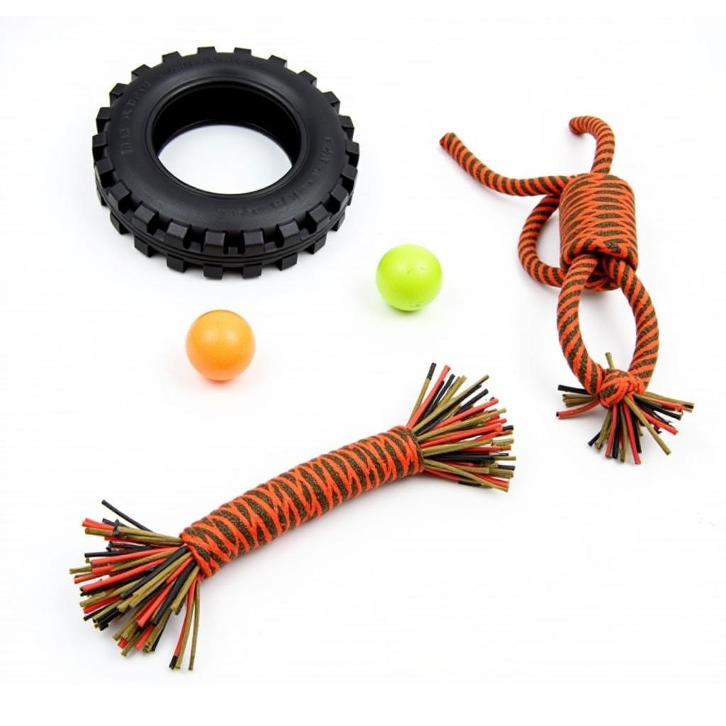  A collection of durable dog toys made from tough rubber and rope