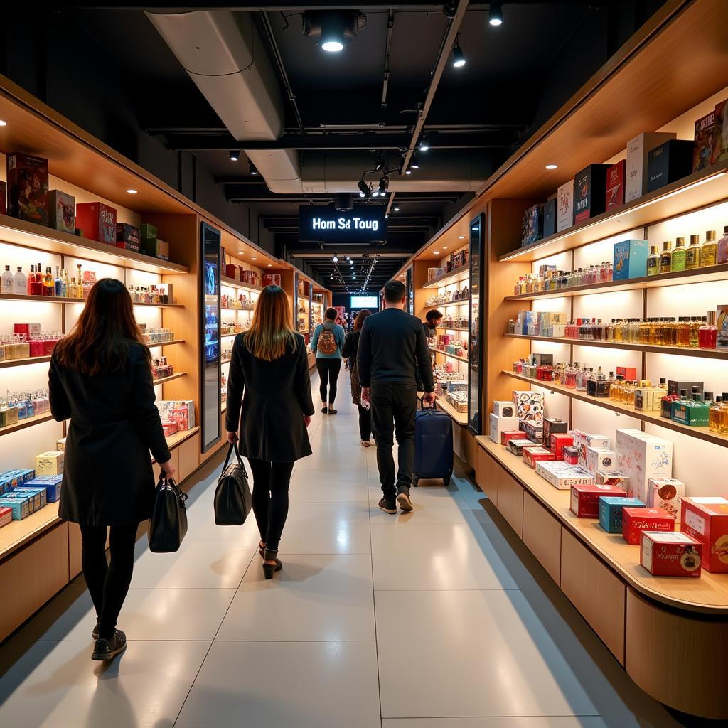 Travelers browsing duty-free fragrance selection