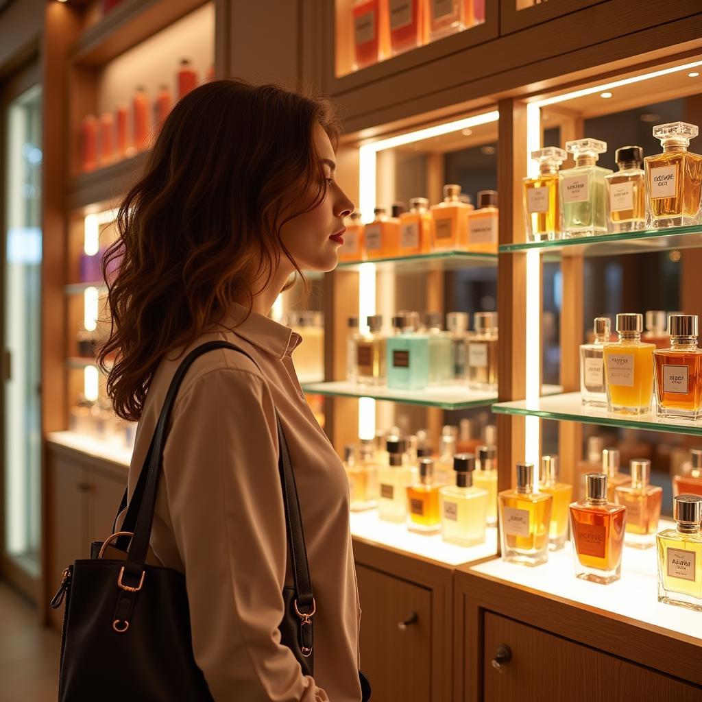 Woman browsing duty-free perfume selection